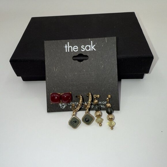 The Sak 3 Pair Pierced Earrings Red Cabochon Gold Hoops & Beaded Dangle NWT - Picture 1 of 2